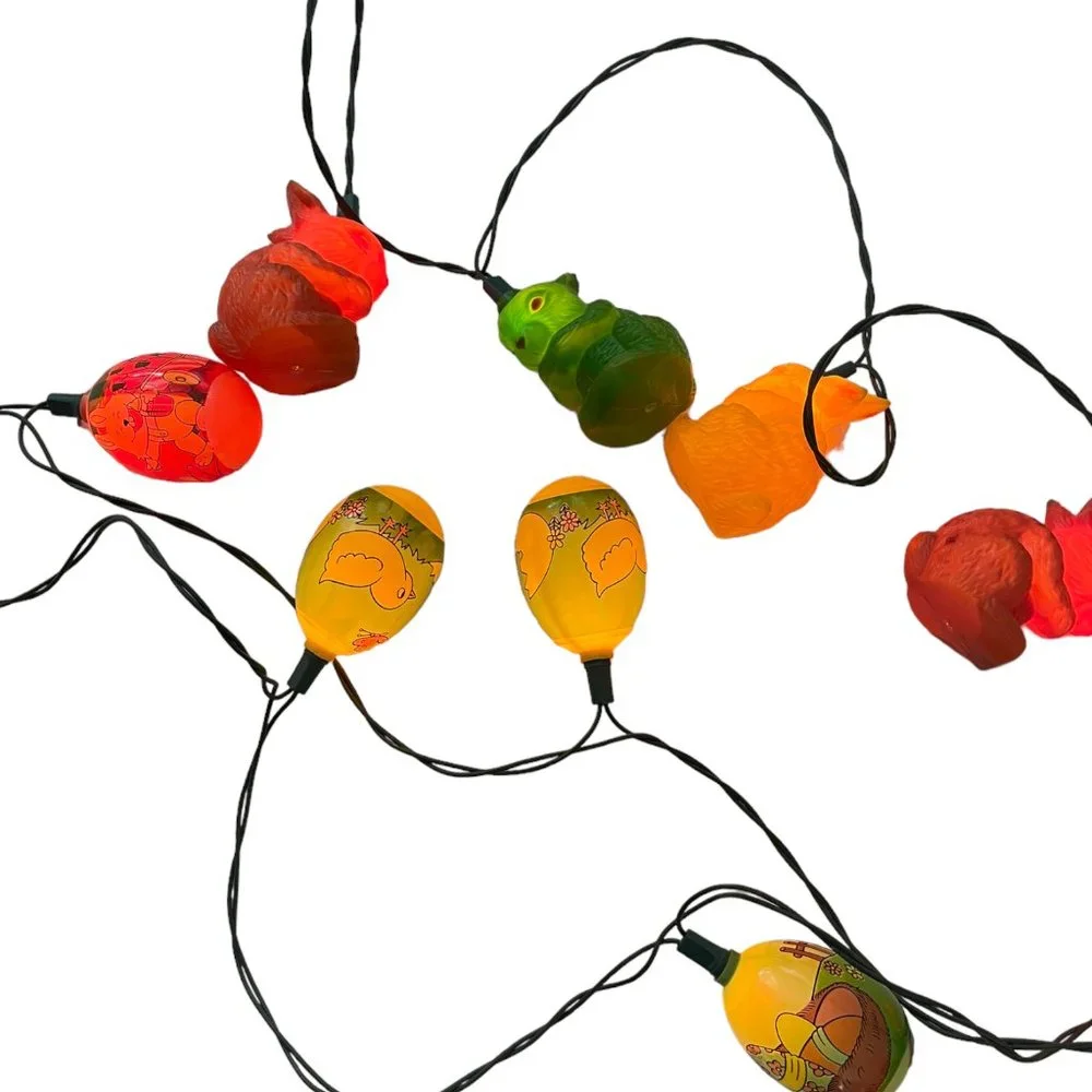 Vintage 90s Blow Mold Plastic String Lights 2 Strands Easter Eggs & Bunny Rabbit